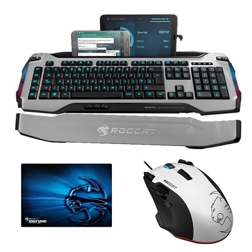 Roccat Skeltr Smart Communication RGB Gaming Keyboard white bundle with Sense High Precision Gaming Mousepad Chrome Blue and Tyon All Action Multi Button Gaming Mouse White ROC 12 231 WE DL