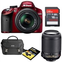 NIKON Nikon D3200 24.2 MP Digital SLR Camera (Red) bundle with 18-55mm AF-S DX Nikkor lens, 55-200mm AF-S DX Nikkor Lens, D-SLR Starter Pack and SanDisk Ultra 1