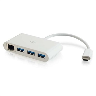 C2G USB-C to Ethernet Adapter with 3-Port USB Hub - White