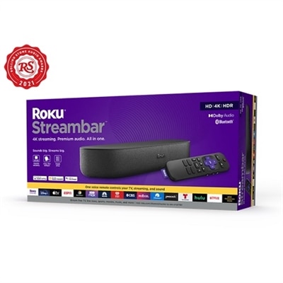 Roku Streambar Powerful 4K Streaming Media Player, Premium Audio, All in One, Voice Remote and TV controls - Black