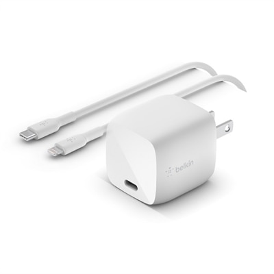 Belkin BoostCharge 30W USB-C GaN Wall Charger + USB-C to Lightning Cable - White