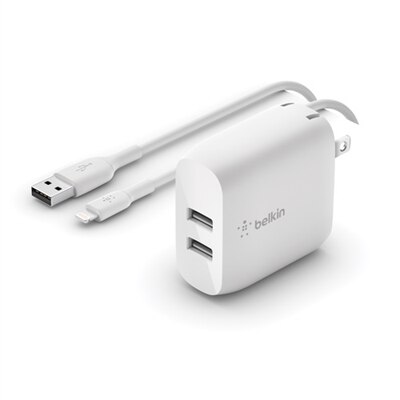 Belkin BoostCharge Dual USB-A Wall Charger 24W + Lightning to USB-A Cable - White