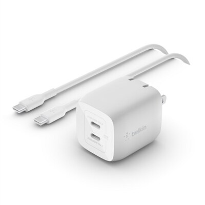Belkin BoostCharge Pro Dual USB-C GaN Wall Charger with PPS 45W + USB-C to USB-C Cable - White