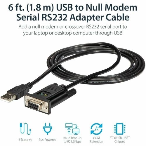 StarTech 6ft (1.8m) 1-Port USB to Serial RS232 Adapter, FTDI DB9 Serial DCE Adapter Cable, Null Modem, USB 2.0 - TAA 2