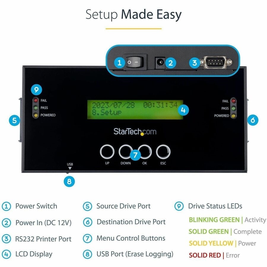 1:1 Standalone Hard Drive Duplicator and Eraser for 2.5 / 3.5in SATA and SAS Drives - HDD/SSD Cloner and Eraser for SATA/SAS 4
