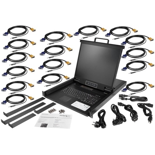StarTech 16 Port Rackmount KVM Console w/ Cables - Integrated KVM Switch w/ 19" LCD - 1U LCD KVM Drawer 50000 MTBF - USB + VGA Support 5