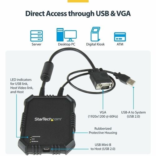 StarTech Laptop to Server KVM Console, Rugged USB Crash Cart Adapter with File Transfer and Video Capture, TAA 3