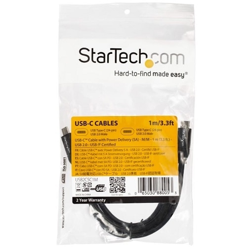 StarTech.com 1m 3 ft USB C to USB C Cable w/ 5A PD - M/M - USB 2.0 - USB-IF Certified - USB Type C Cable - USB C Charging Cable - USB C PD Cable 4