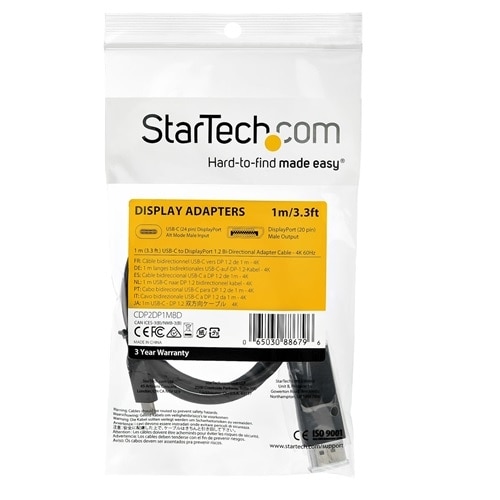 StarTech.com 3ft (1m) USB C to DisplayPort 1.2 Cable 4K 60Hz - Reversible DP to USB-C / USB-C to DP Video Adapter Monitor Cable HBR2/HDR 3