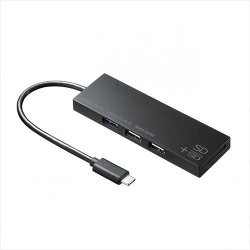 Sanwa Supply USBハブ/フラッシュカードリーダー - USB Type-C - 640 MB/s - デスクトップ, スマートフォン, タブレット, カードリーダー - 黒 3