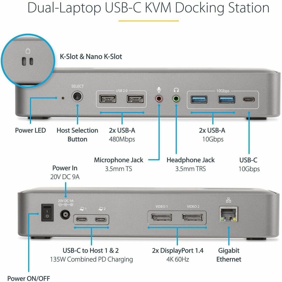 StarTech Dual-Laptop USB-C KVM Docking Station, Dual Monitor 4K 60Hz DisplayPort Dock, 5x USB Hub, GbE, 90W/45W PD, Windows/Mac, TAA 3