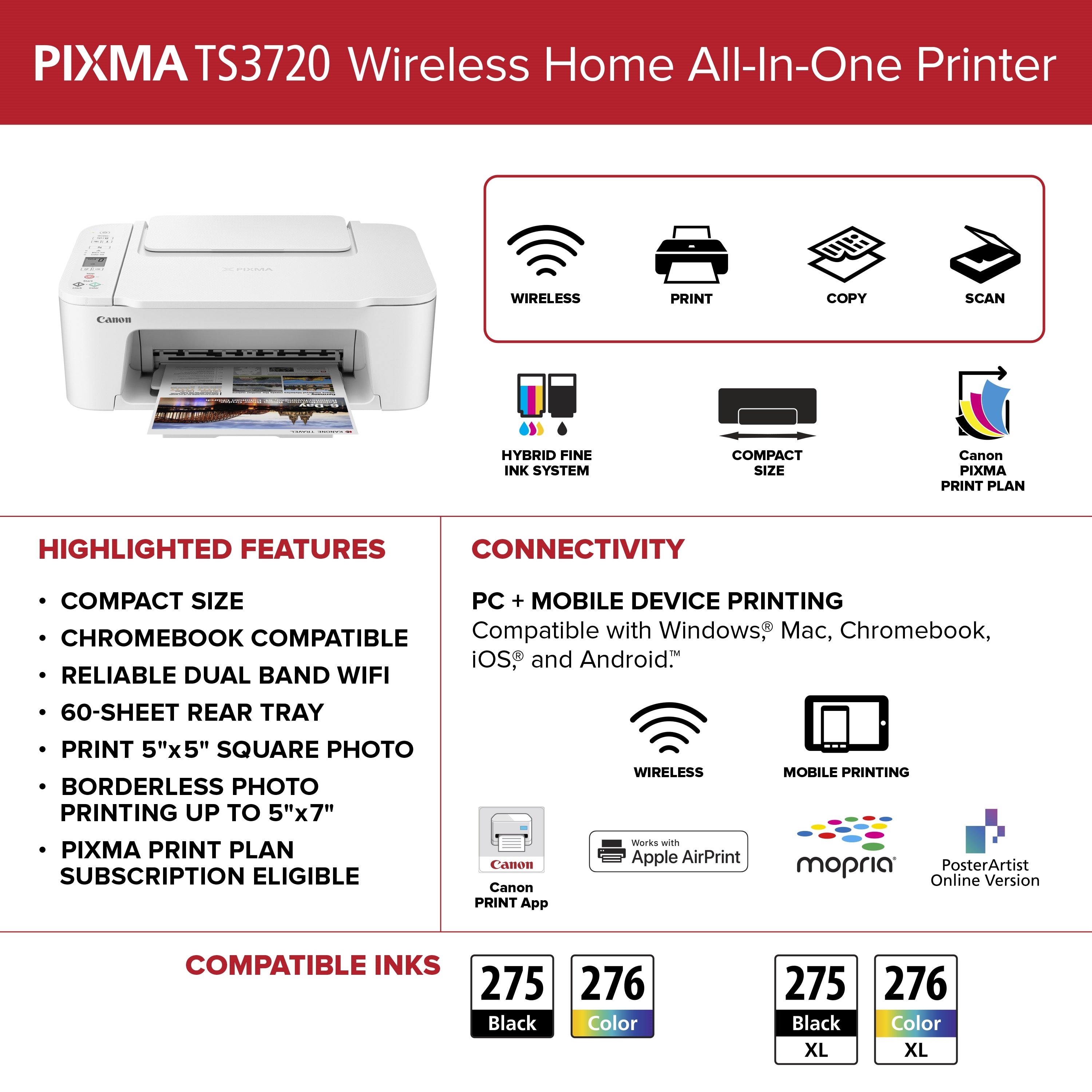 Canon PIXMA TS3720 Wireless Color All-In-One Inkjet Printer, Eligible for PIXMA Print Plan Ink Subscription Service 6