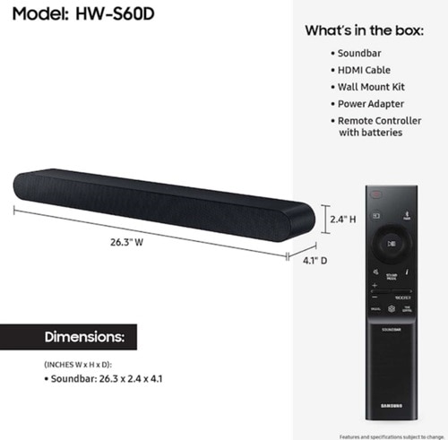 Samsung HW-S60D 5.0 Bluetooth Sound Bar Speaker - 200 W RMS 4