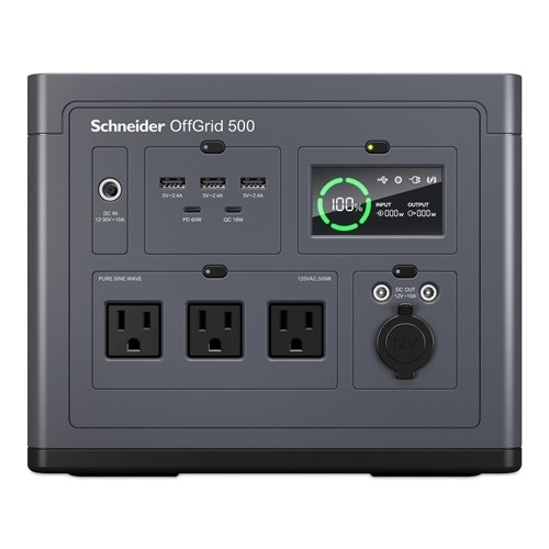 Schneider OffGrid Portable Power Station 500, 120V, 517Wh Lithium-ion, LCD, 3 NEMA, Sinewave, 3 USB-A, 2 USB-C, Wireless Charger 2