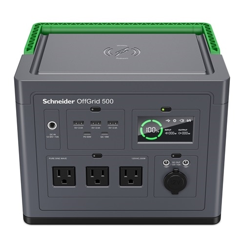 Schneider OffGrid Portable Power Station 500, 120V, 517Wh Lithium-ion, LCD, 3 NEMA, Sinewave, 3 USB-A, 2 USB-C, Wireless Charger 3