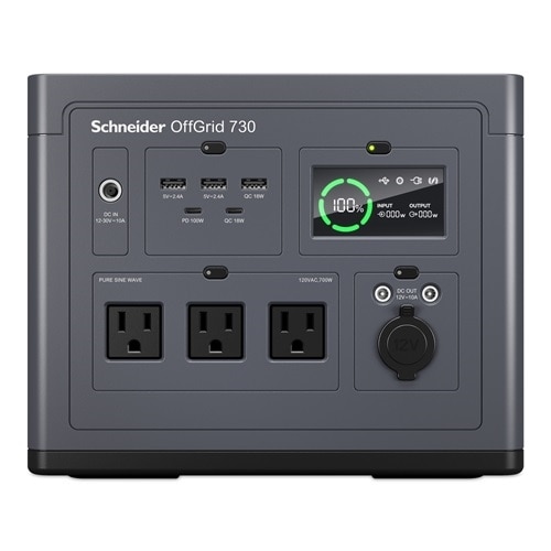 Schneider OffGrid Portable Power Station 730, 700W, 120V, 738Wh Lithium-ion, LCD, 3 NEMA, Sinewave, 3 USB-A, 2 USB-C, Wireless Charger 2