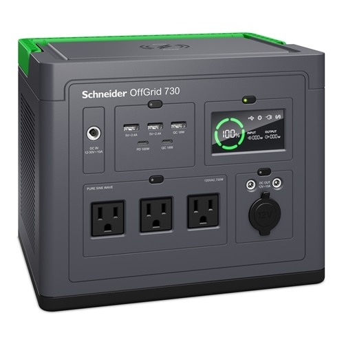 Schneider OffGrid Portable Power Station 730, 700W, 120V, 738Wh Lithium-ion, LCD, 3 NEMA, Sinewave, 3 USB-A, 2 USB-C, Wireless Charger 5