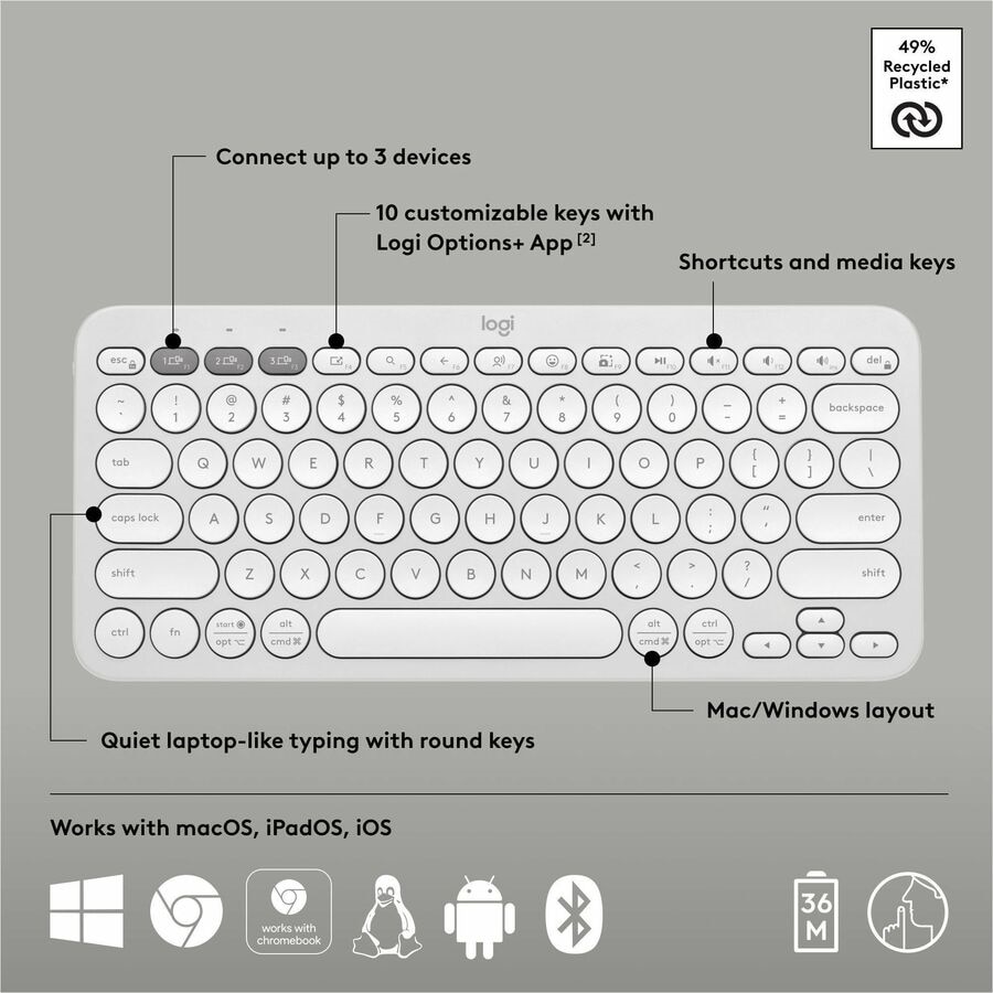 Logitech Pebble Keys 2 K380s, Multi-Device Bluetooth Wireless Keyboard with Customizable Shortcuts, Tonal White 6