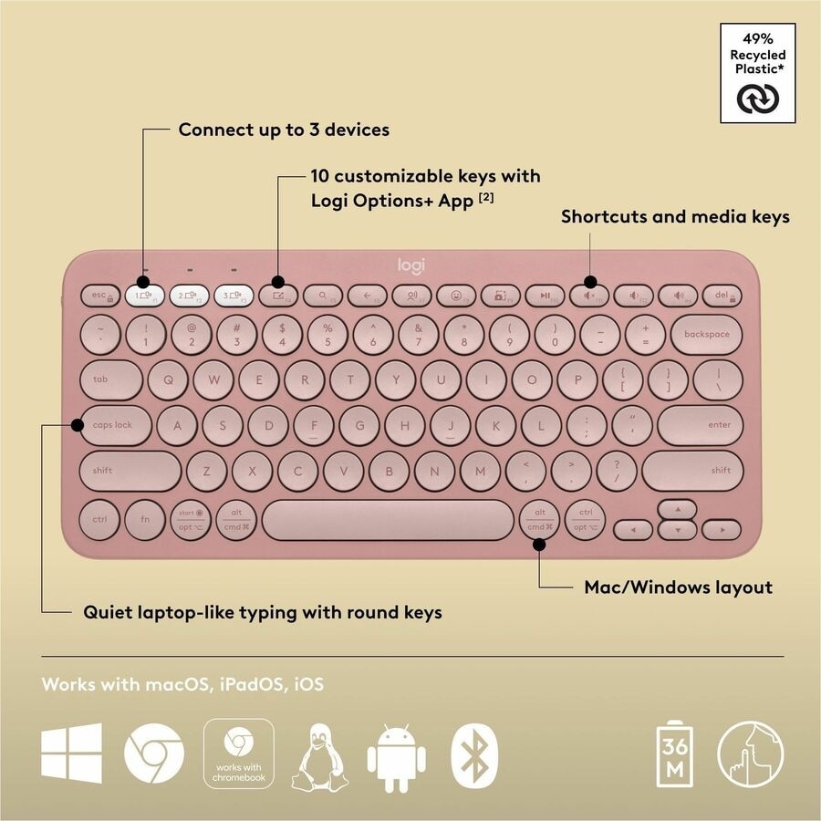 Logitech Pebble Keys 2 K380s, Multi-Device Bluetooth Wireless Keyboard with Customizable Shortcuts, Tonal Rose 6