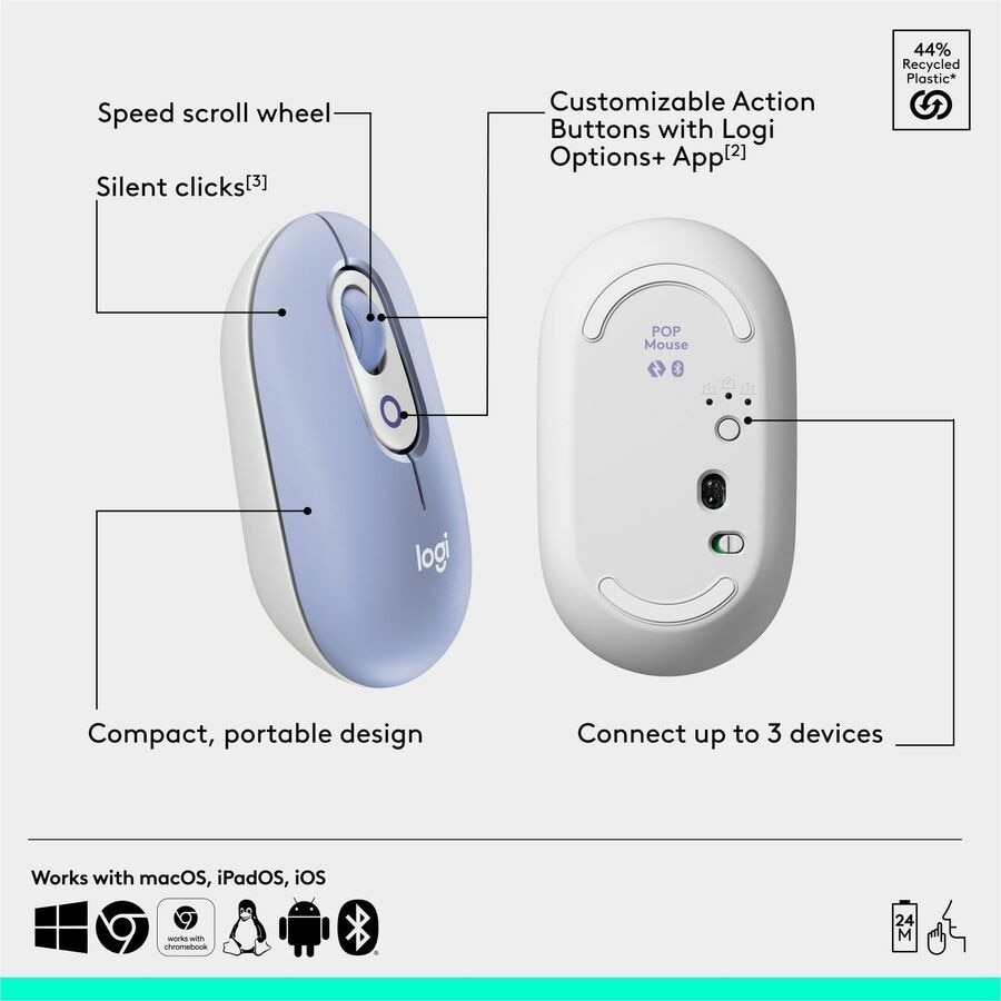 Logitech POP Mouse, Compact and Portable Wireless Bluetooth Mouse With Programmable Buttons and Quiet Clicks, Lilac 6