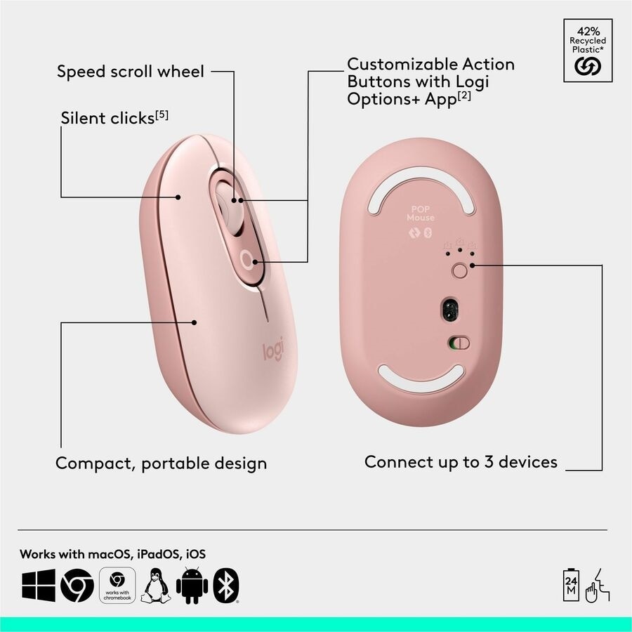 Logitech POP ICON COMBO, Bluetooth Keyboard and Mouse Combo, Comfortable Typing, Programmable Keys and Buttons, (Rose & Off-white) 6