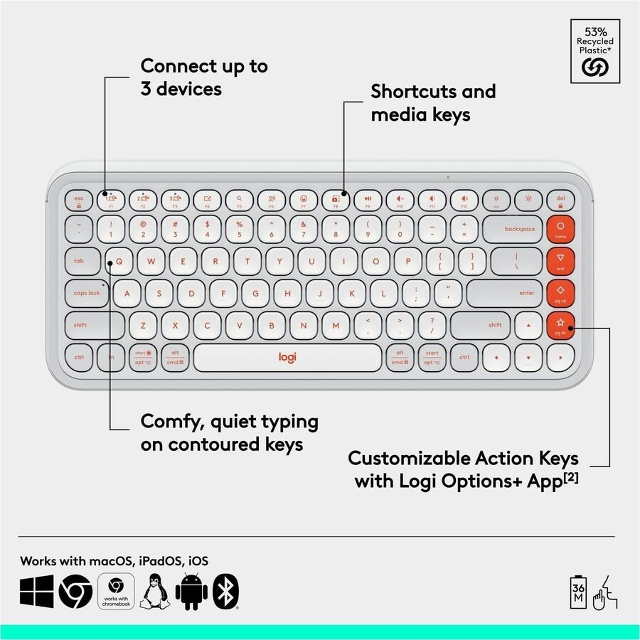 Logitech POP Icon Keys Wireless Bluetooth Keyboard - Off-white & Orange 8
