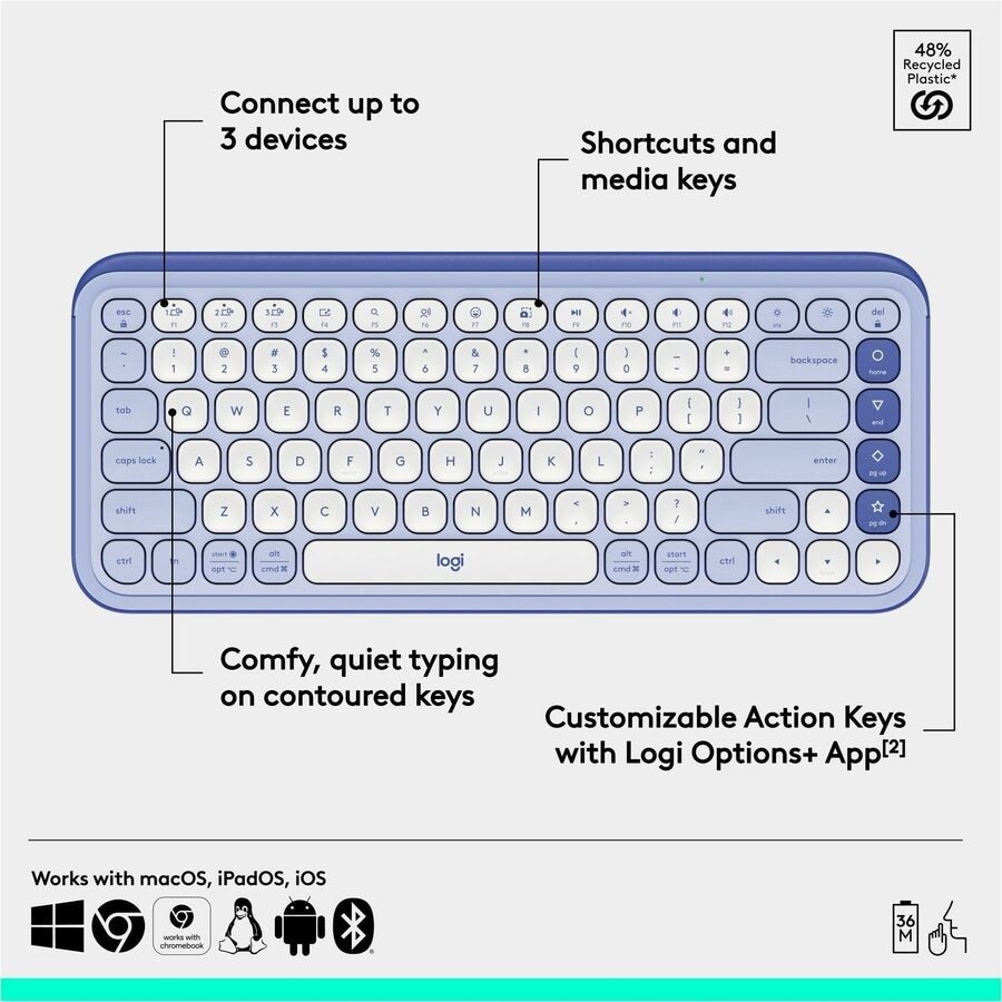 Logitech POP Icon Keys Wireless Bluetooth Keyboard - Lilac & Off-white 8