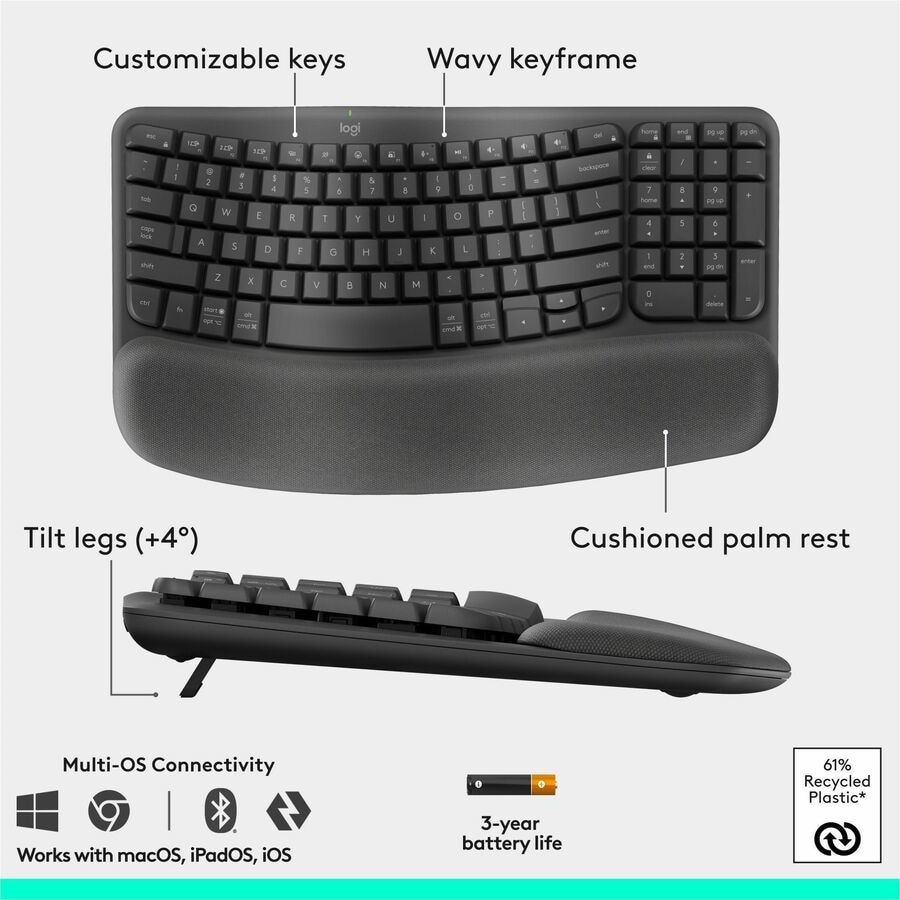 Logitech Wave Keys & Lift Vertical Mouse - Ergonomic Wireless Keyboard and Mouse Combo - (Graphite) 6
