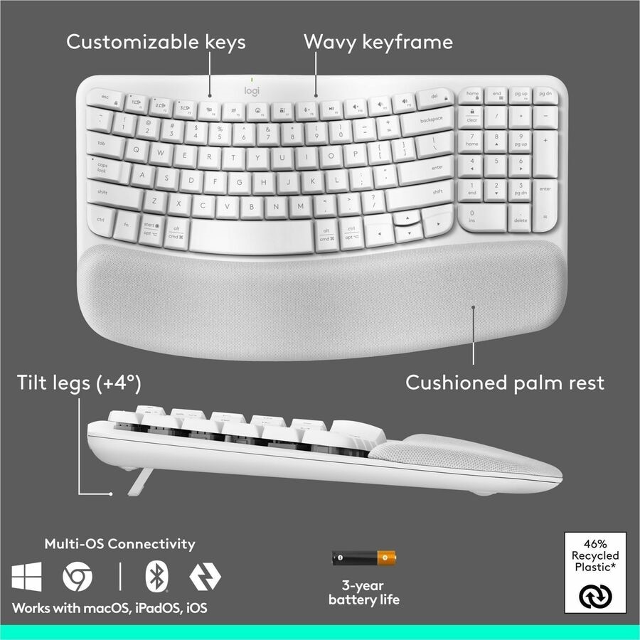 Logitech Wave Keys & Lift Vertical Mouse - Ergonomic Wireless Keyboard and Mouse Combo - (Off-white) 6
