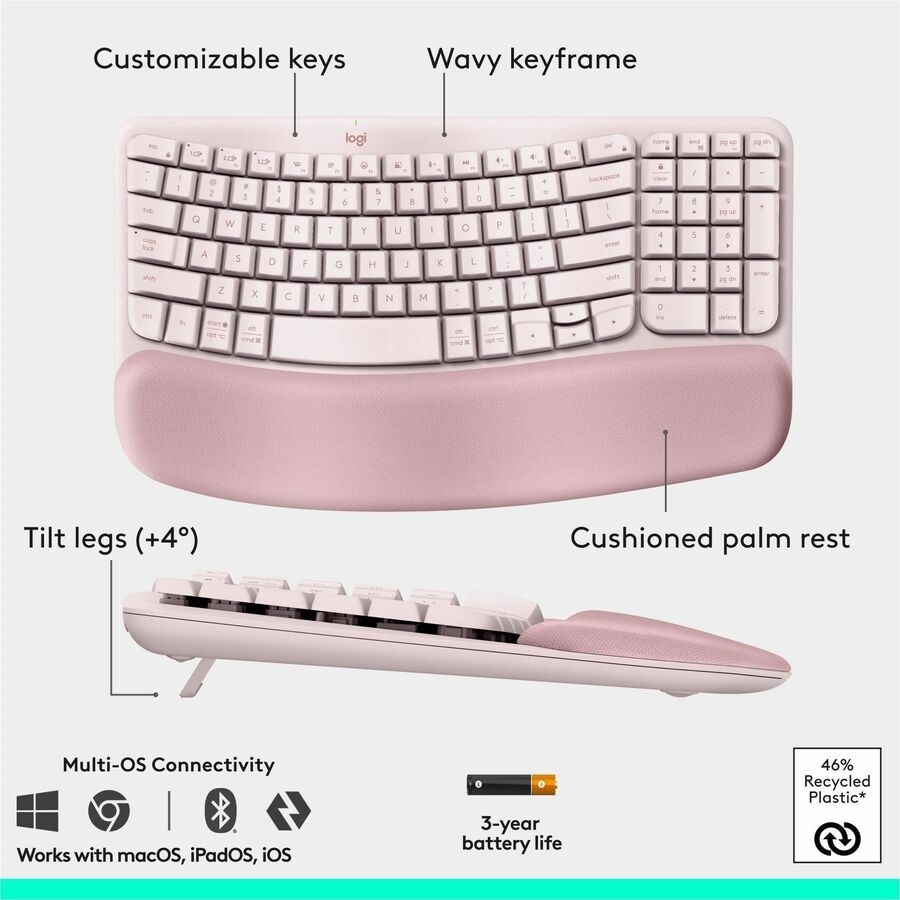 Logitech Wave Keys & Lift Vertical Mouse - Ergonomic Wireless Keyboard and Mouse Combo - (Rose) 6