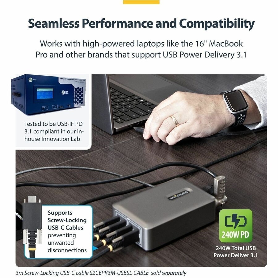 StarTech 4-Port Multi-Device USB-C Charger, 240W Total, Single Port 140W EPR, Screw Locking Ports, Ideal for Boardrooms 6
