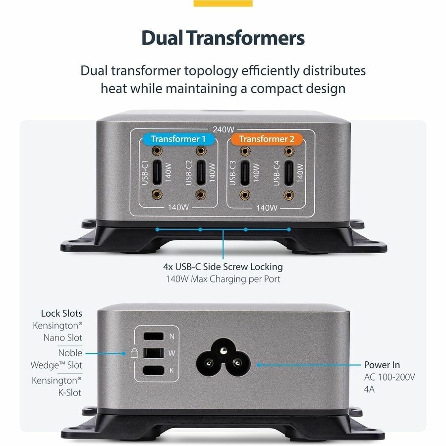 StarTech 4-Port Multi-Device USB-C Charger, 240W Total, Single Port 140W EPR, Screw Locking Ports, Ideal for Boardrooms 8