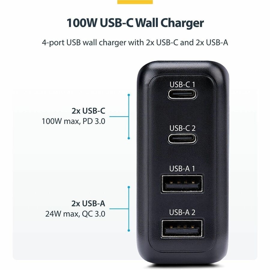 StarTech 100W USB-C Wall Charger, 2x USB-C, 2x USB-A, Portable GaN Power Adapter, PD 3.0, 6ft/1.8m USB-C to USB-C Cable 2