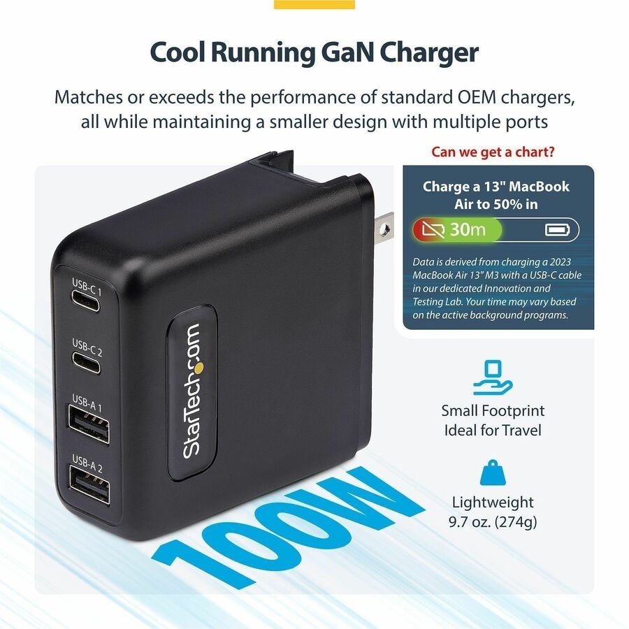 StarTech 100W USB-C Wall Charger, 2x USB-C, 2x USB-A, Portable GaN Power Adapter, PD 3.0, 6ft/1.8m USB-C to USB-C Cable 3
