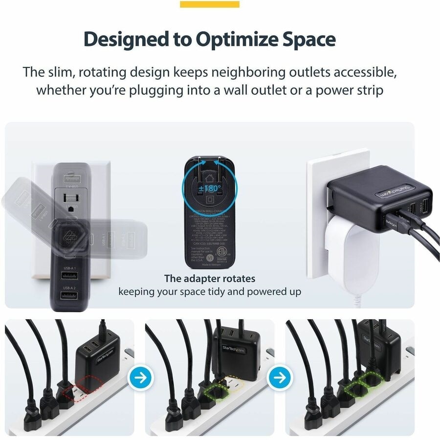 StarTech 100W USB-C Wall Charger, 2x USB-C, 2x USB-A, Portable GaN Power Adapter, PD 3.0, 6ft/1.8m USB-C to USB-C Cable 5