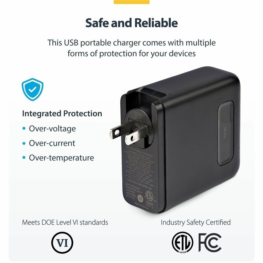 StarTech 100W USB-C Wall Charger, 2x USB-C, 2x USB-A, Portable GaN Power Adapter, PD 3.0, 6ft/1.8m USB-C to USB-C Cable 9