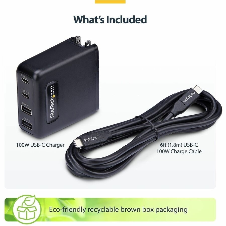 StarTech 100W USB-C Wall Charger, 2x USB-C, 2x USB-A, Portable GaN Power Adapter, PD 3.0, 6ft/1.8m USB-C to USB-C Cable 10