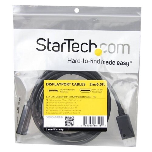 StarTech.com 6.5 ft / 2m DisplayPort to HDMI converter cable - 4K (DP2HDMM2MB) - video cable - 2 m 1