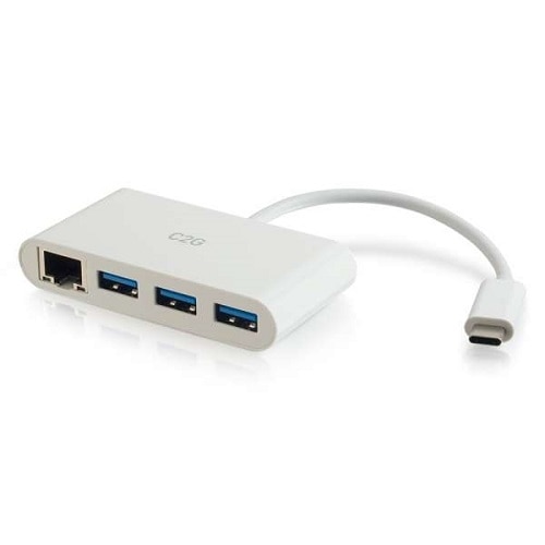 C2G USB-C to Ethernet Adapter with 3-Port USB Hub - White 1