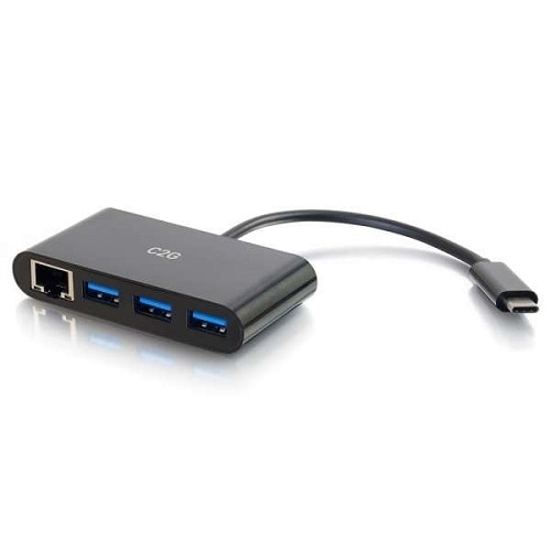 C2G USB-C to Ethernet Adapter with 3-Port USB Hub - Black 1