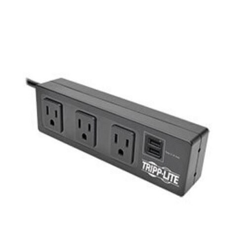 TrippLite 3-Outlet Surge Protector with Mounting Brackets, 2 USB Charging Ports - Black Housing 1