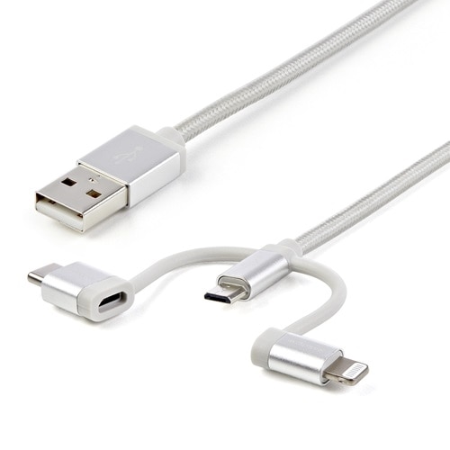 StarTech.com USB Multi Charging Cable - 3.3 ft / 1m - Lightning / USB-C / Micro-USB - Braided - MFi Certified - USB 2.0 - 3 in 1 Charging (LTCUB1MGR) - USB cable - USB (M) to Micro-USB Type B, Lightning, 24 pin USB-C (M) - 3.3 ft - silver 1