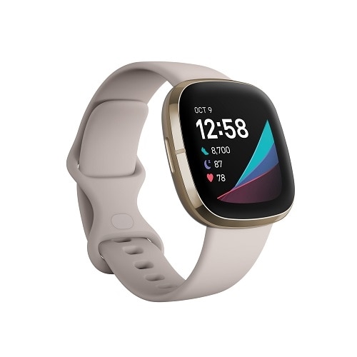 Fitbit Sense - Soft gold stainless steel - smart watch with band - silicone - lunar white - band size: S/L - Wi-Fi, NFC, Bluetooth