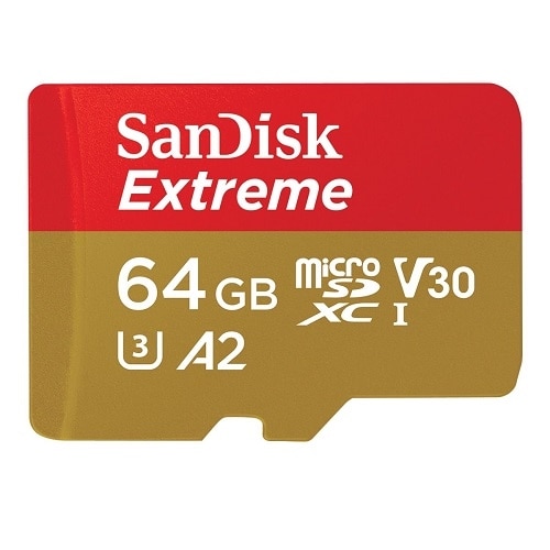 SanDisk Extreme - Flash memory card (microSDXC to SD adapter included) - 64 GB - A2 / Video Class V30 / UHS-I U3 / Class10 - microSDXC UHS-I 1