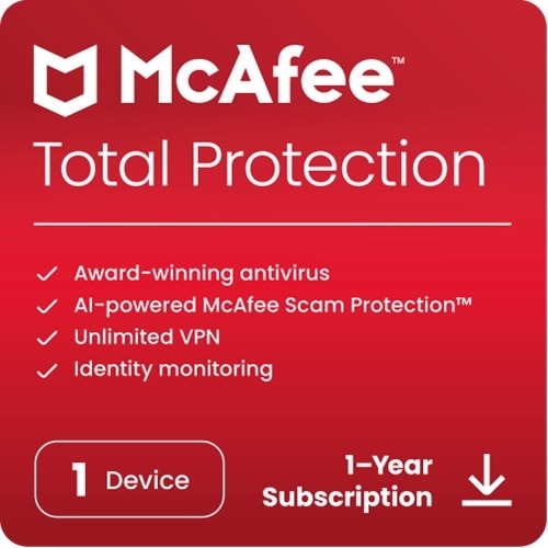 McAfee® Total Protection Antivirus & Internet Security Software for 1 Device (Windows®/Mac®/Android/iOS/ChromeOS), 1-Year Subscription, Download 1