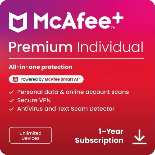 McAfee+Premium Individual (Windows, mac, Android, iOS, ChromeOS) - Unlimited Devices - 1 Year Subs. (Digital Download) 1