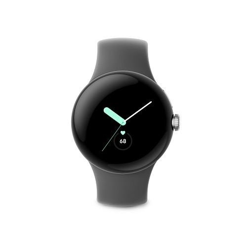 Google Pixel Watch - Polished Silver Stainless Steel case - Charcoal Active band 1