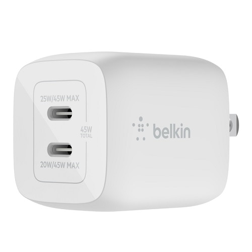 Belkin BoostCharge Pro Dual USB-C GaN Wall Charger with PPS 45W - White