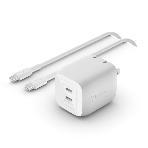 Belkin BoostCharge Pro Dual USB-C GaN Wall Charger with PPS 45W + USB-C to USB-C Cable - White 1