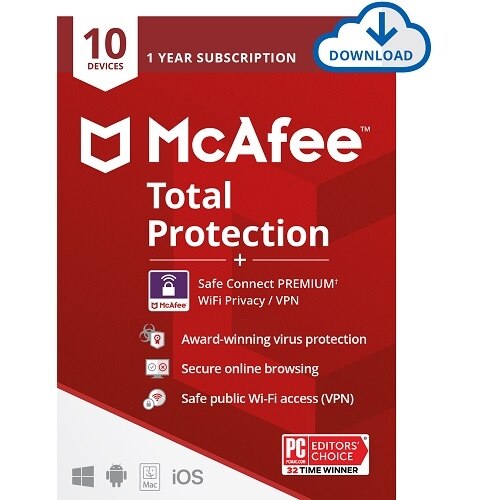 McAfee Total Protection - licence d'abonnement (1 an) - 10 dispositifs - avec McAfee Safe Connect Premium (5 appareils) 1